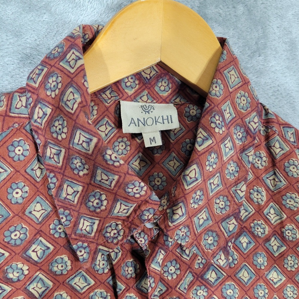 Anokhi Button Up Shirt Mens Medium Red Geometric Floral Block Print Cotton